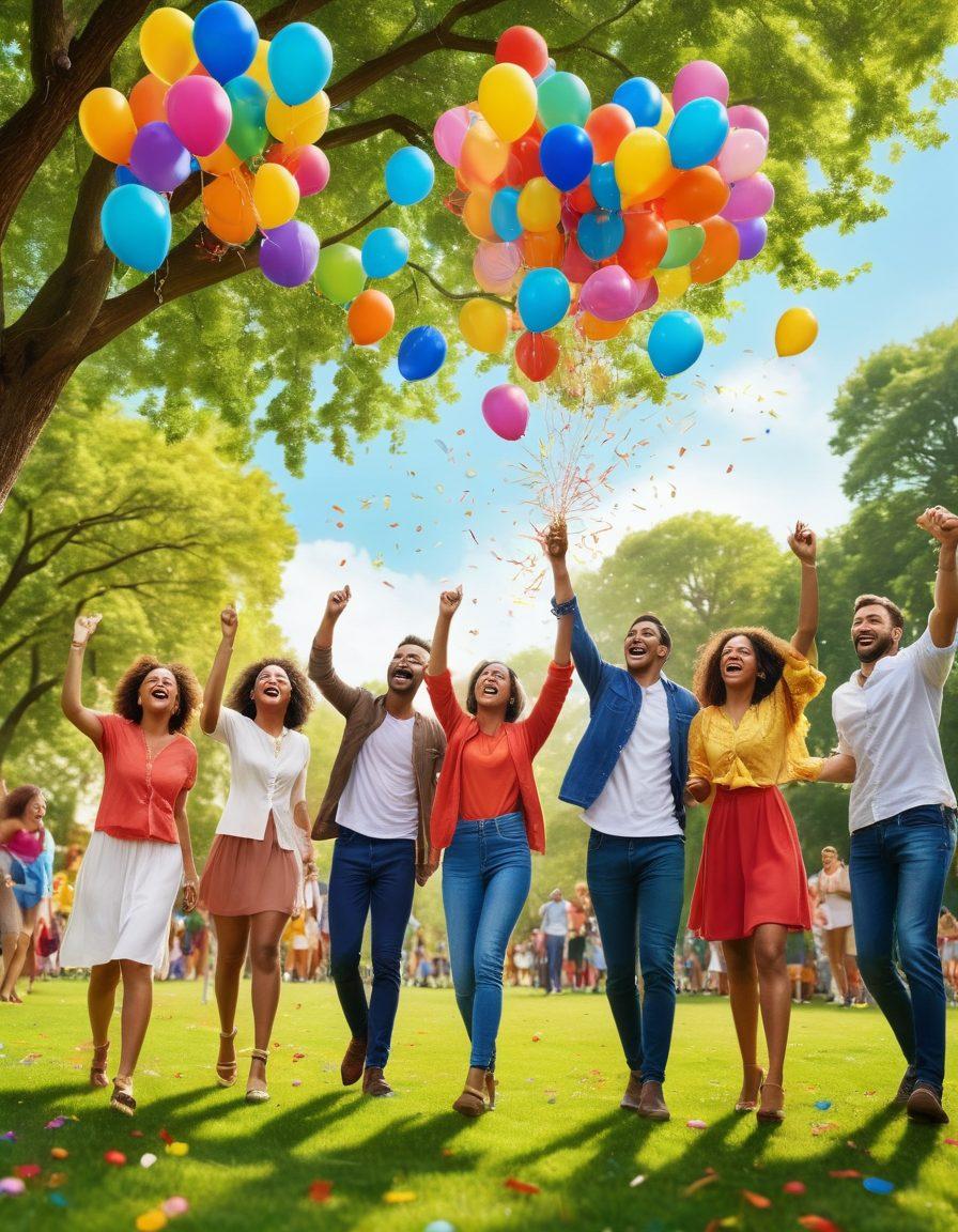 A cheerful, diverse group of people joyfully celebrating their membership benefits in a vibrant park, with colorful balloons and confetti around them. Include symbols of savings like discount tags and gold coins floating in the air, surrounded by lush green trees and a bright blue sky. Showcase excitement and community spirit. super-realistic. vibrant colors. cheerful atmosphere.