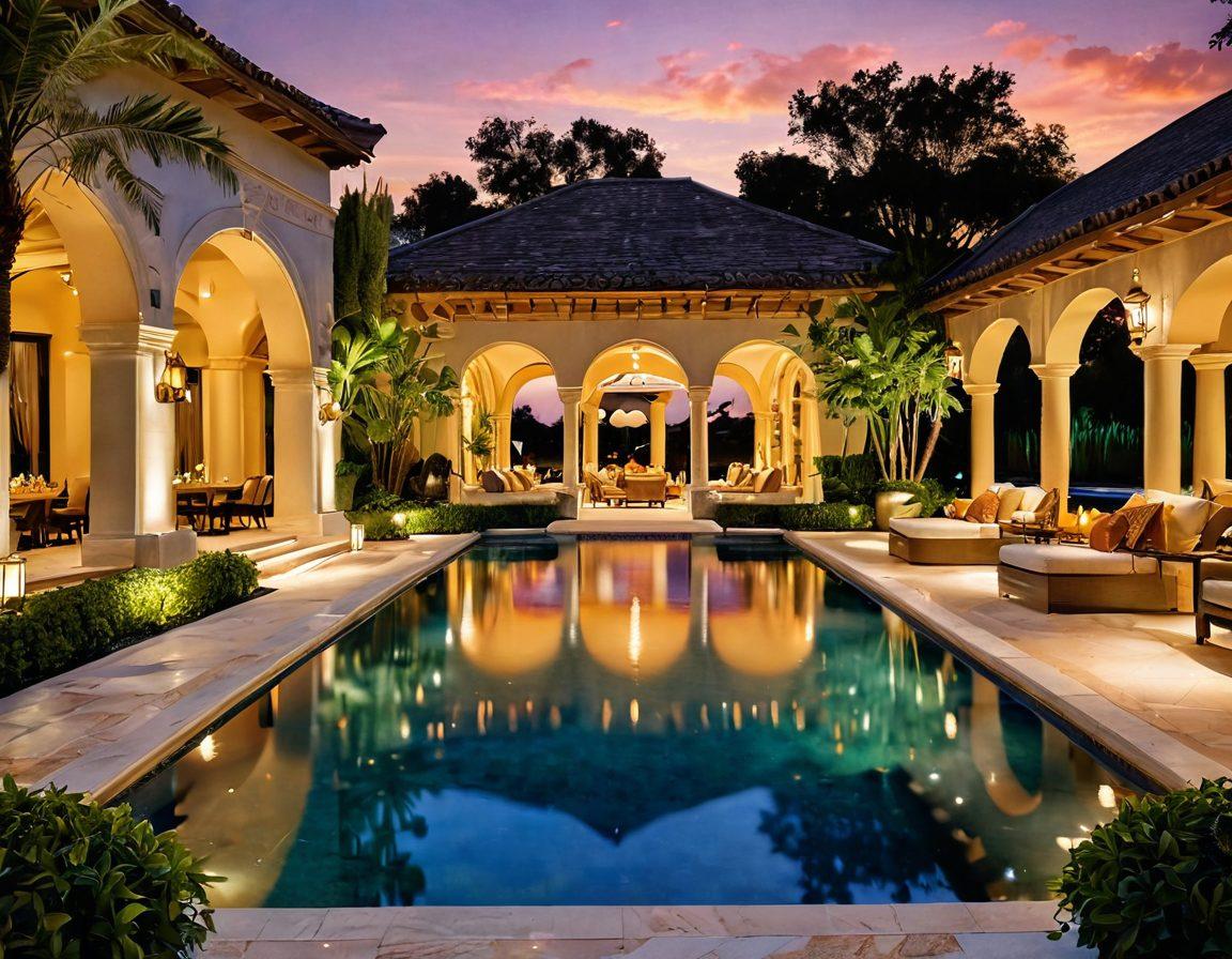 A luxurious lifestyle scene showcasing a diverse group of people enjoying exclusive membership benefits, such as a private pool party, gourmet food, and personalized services. Each individual radiates happiness and appreciation, surrounded by opulent decor and lush greenery. A golden sunset casts a warm glow, enhancing the sense of community and luxury. Include elegant branding elements to highlight exclusivity. vibrant colors. super-realistic.