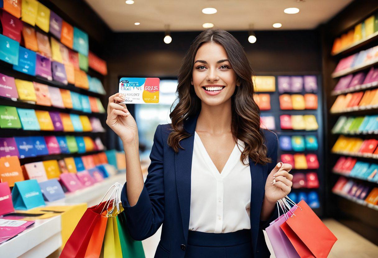 An elegant shopping scene showcasing a happy customer receiving a loyalty rewards card, surrounded by colorful discount tags and exclusive offers floating in the air. The background features a modern retail store with vibrant decor, highlighting a sense of excitement and opportunity. Soft, warm lighting enhances the welcoming atmosphere. super-realistic. vibrant colors.